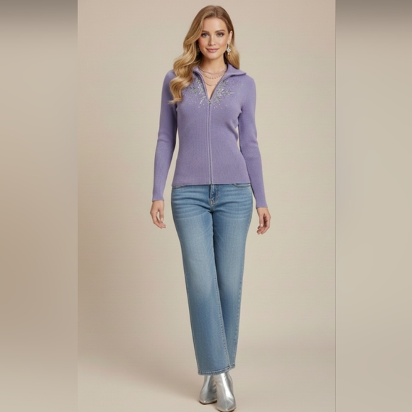 NWT Boston Proper Lavender Snowflake Embellished Zip Mock Neck Sweater L Ribbed - Picture 2 of 13